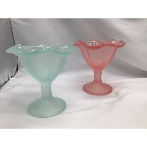 Pair Satin Glass Ice Cream Dishes Old Fashion Sundae Party Mid Century - Picture 1 of 8